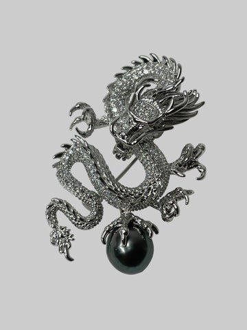 Dragon & Tahitian Pearl Brooch — 11–12mm Teardrop · Zircon Accents · Anti-Fading Alloy