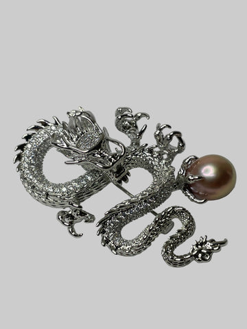 Dragon & Freshwater Pearl Brooch | 10–11mm Pink Drop Pearl · Zircon Accents · Anti-Fading Alloy