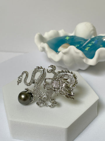 Dragon &amp; Tahitian Pearl Brooch | 10–11mm Drop Pearl · Zircon Accents · Anti-Fading Alloy