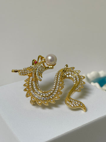 Golden Dragon Pearl Brooch | 9–10mm Round Pearl · Zircon Accents · Gold-Plated Alloy