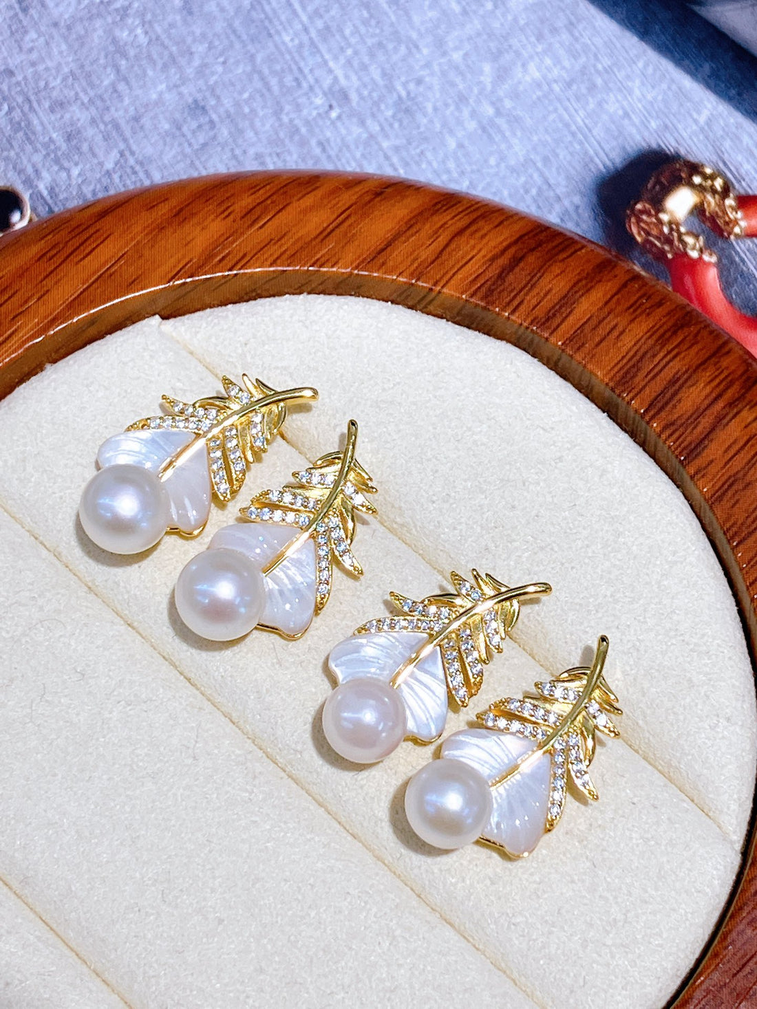 Akoya Pearl Feather Stud Earrings | 7–8mm · Round · High Luster · S925 Sterling Silver