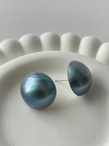 Blue Saltwater Pearl Stud Earrings | 17–18mm · Rare Oversize · Mirror Luster · S925 Sterling Silver
