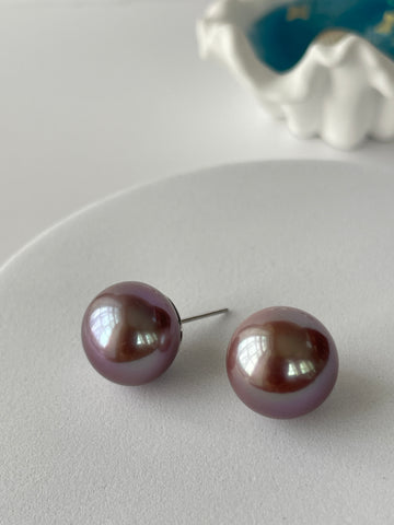 Purple Freshwater Pearl Stud Earrings | 14–15mm · Rare Oversize · Round · Soft Iridescence · S925 Sterling Silver