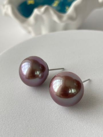 Purple Freshwater Pearl Stud Earrings — 14–15mm Oversized Round · S925 Sterling Silver
