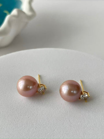 Freshwater Pearl Stud Earrings | 10–11mm · Round · Lavender-Pink Tone · High Luster · Gold-Plated S925 Silver & Zircon