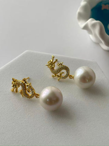 Freshwater Pearl Dragon Earrings | 12–13mm · Round · High Luster · S925 Silver Dragon / Gold-Plated Dragon Designs · Micro-Zircon Detailing