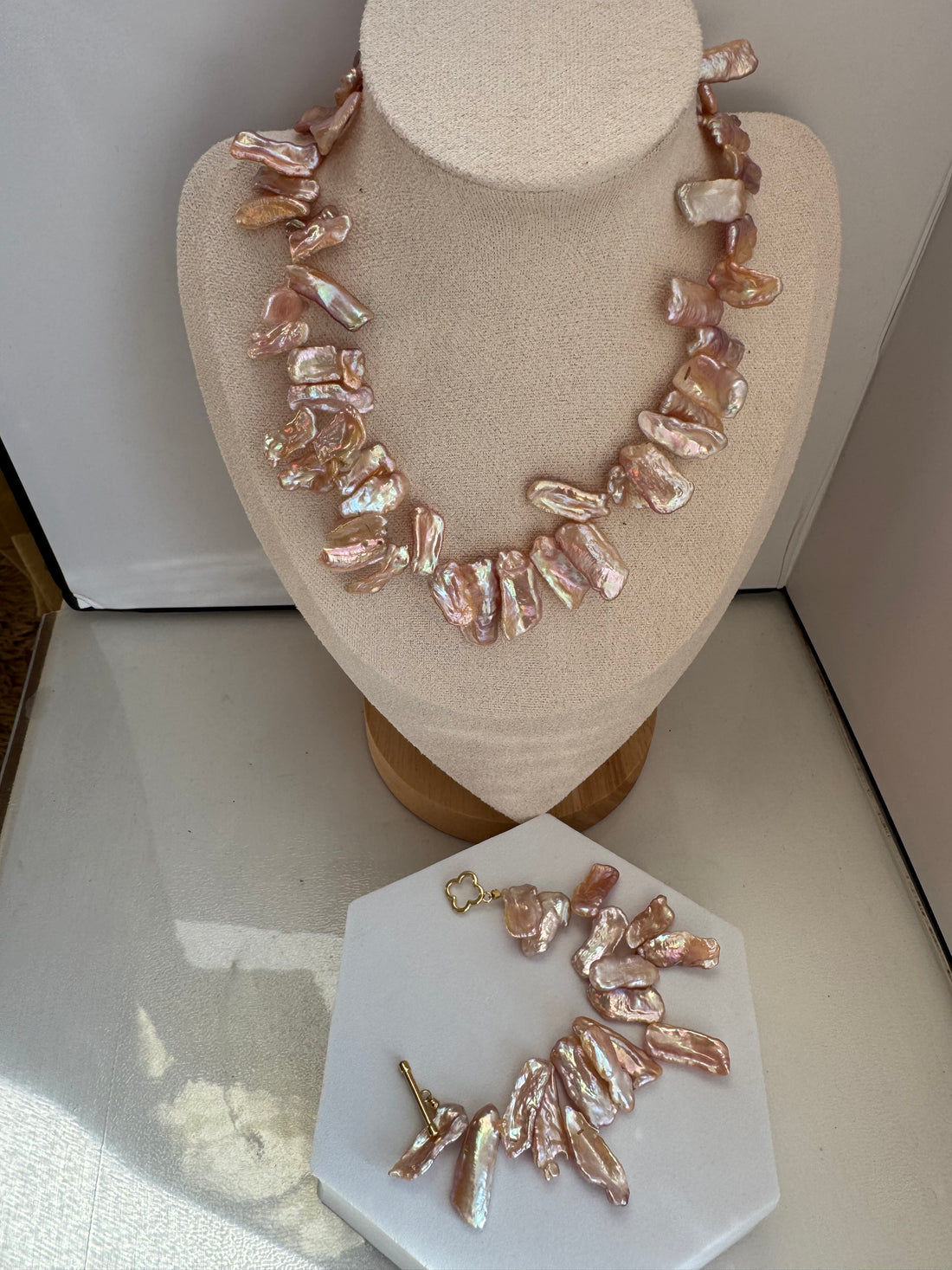 Baroque Freshwater Pearl Necklace &amp; Bracelet Set | Flat Slice Pearls · Soft Pink · Aluminum Alloy Clasp · Necklace 34cm · Bracelet 14cm