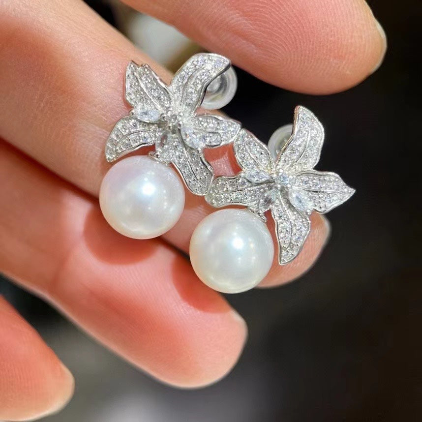 Lily Design Pearl Earrings | 9–10mm · Round · Strong Luster · S925 Sterling Silver