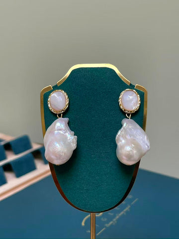 White Baroque Pearl Drop Earrings | 12–13×25–26mm · Exceptional Luster · Gold-Plated · Shell Inlay