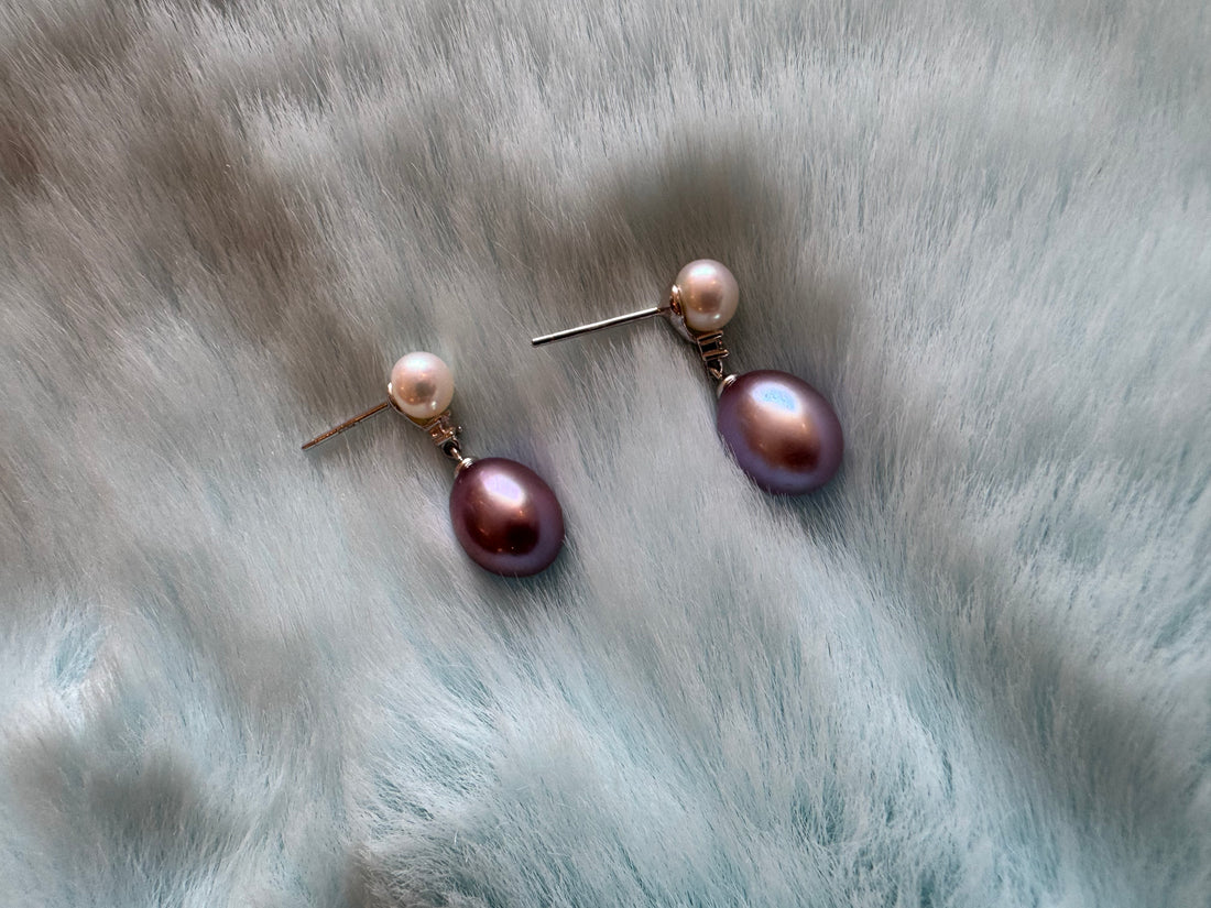 Double Pearl Drop Earrings | White & Purple Freshwater Pearls · 5mm & 8–9mm · Elegant 20mm Length