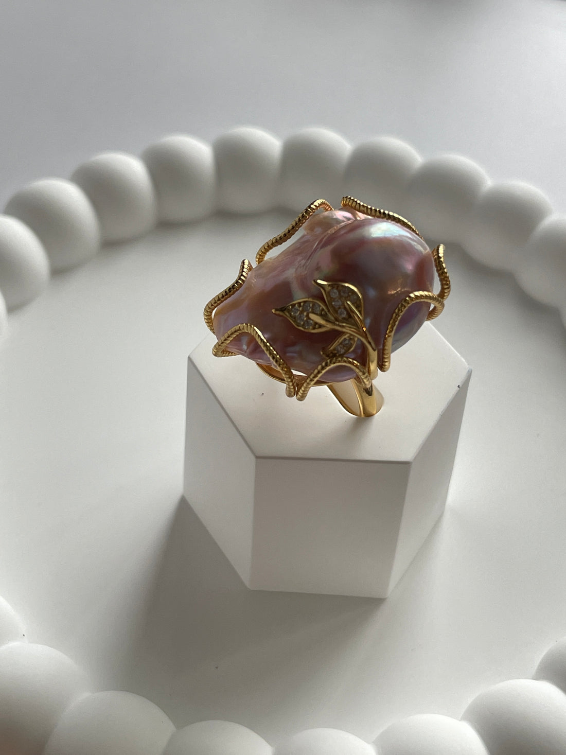 Freshwater Baroque Pearl Ring | 14–16×22–23mm · Iridescent Purple-Champagne · 5–6 Year Natural Growth · Gold-Plated S925 Sterling Silver