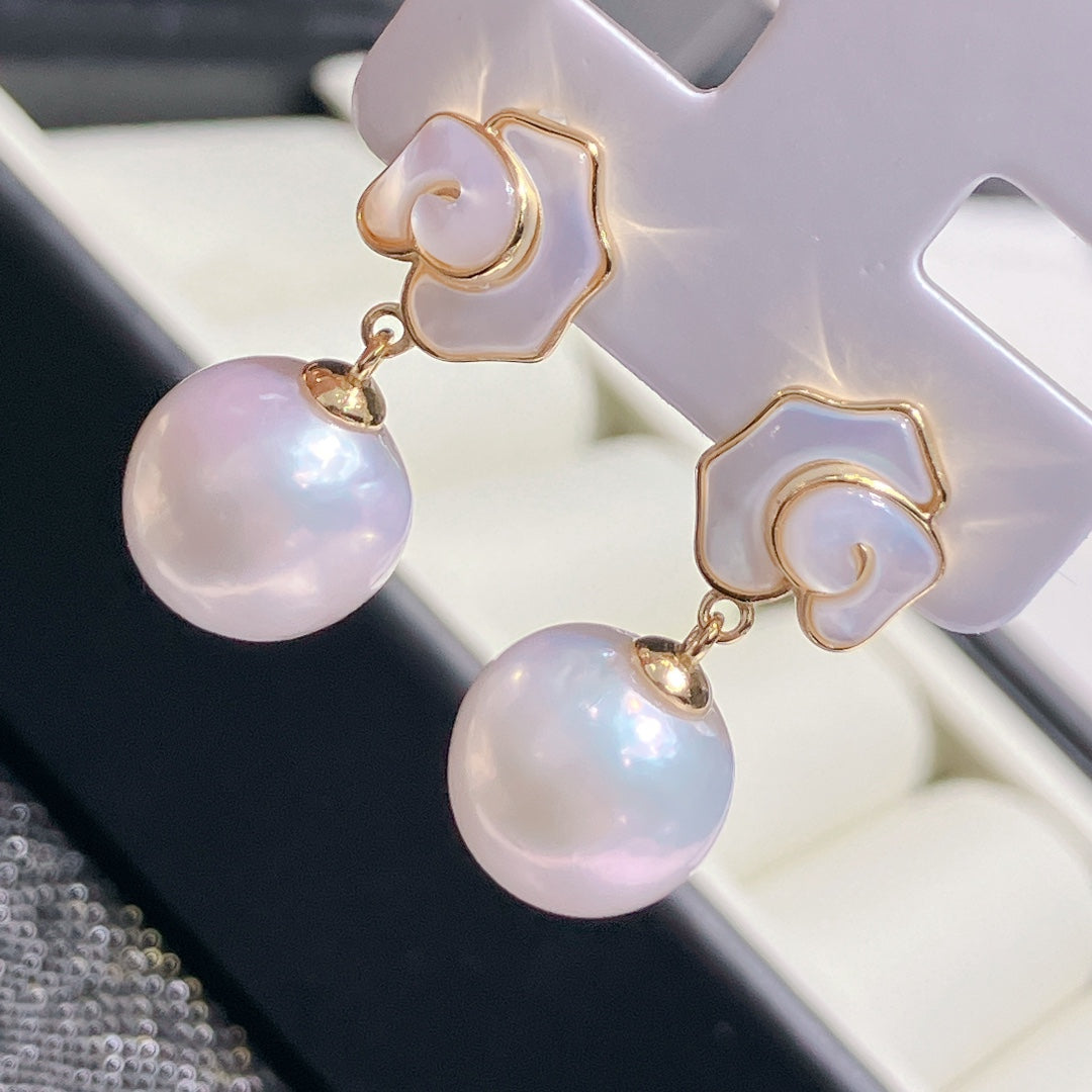 Edison Pearl Earrings with Mother-of-Pearl Inlay | 11–12mm · Round · Strong Luster · S925 Sterling Silver