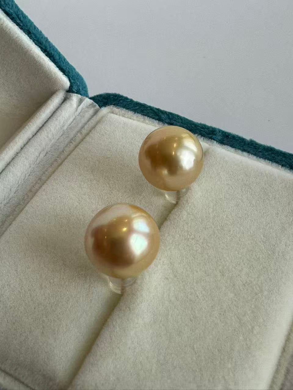 South Sea Golden Pearl Stud Earrings | 12–13mm · Round · Soft Blemishes · High Luster