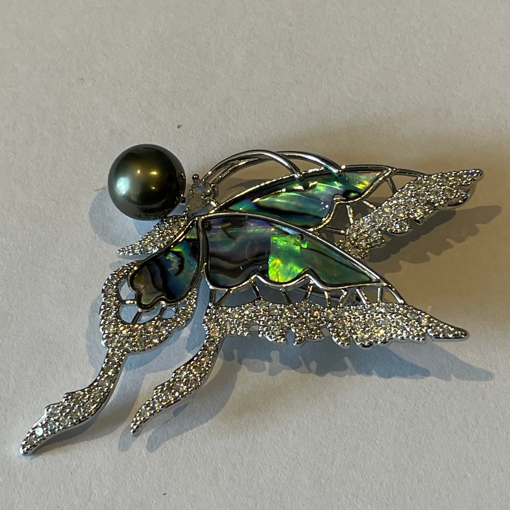 Abalone Shell Butterfly Brooch | Iridescent Wings · Tahitian Pearl Accent