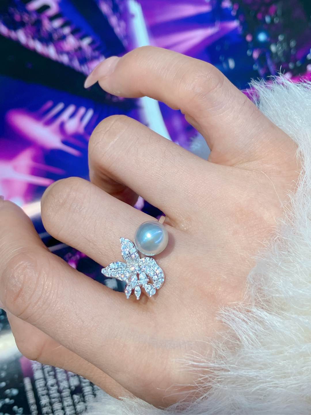 Freshwater Edison Pearl Ring | 11–12mm · White · Near-Round · Zircon & S925 Sterling Silver · Adjustable Band