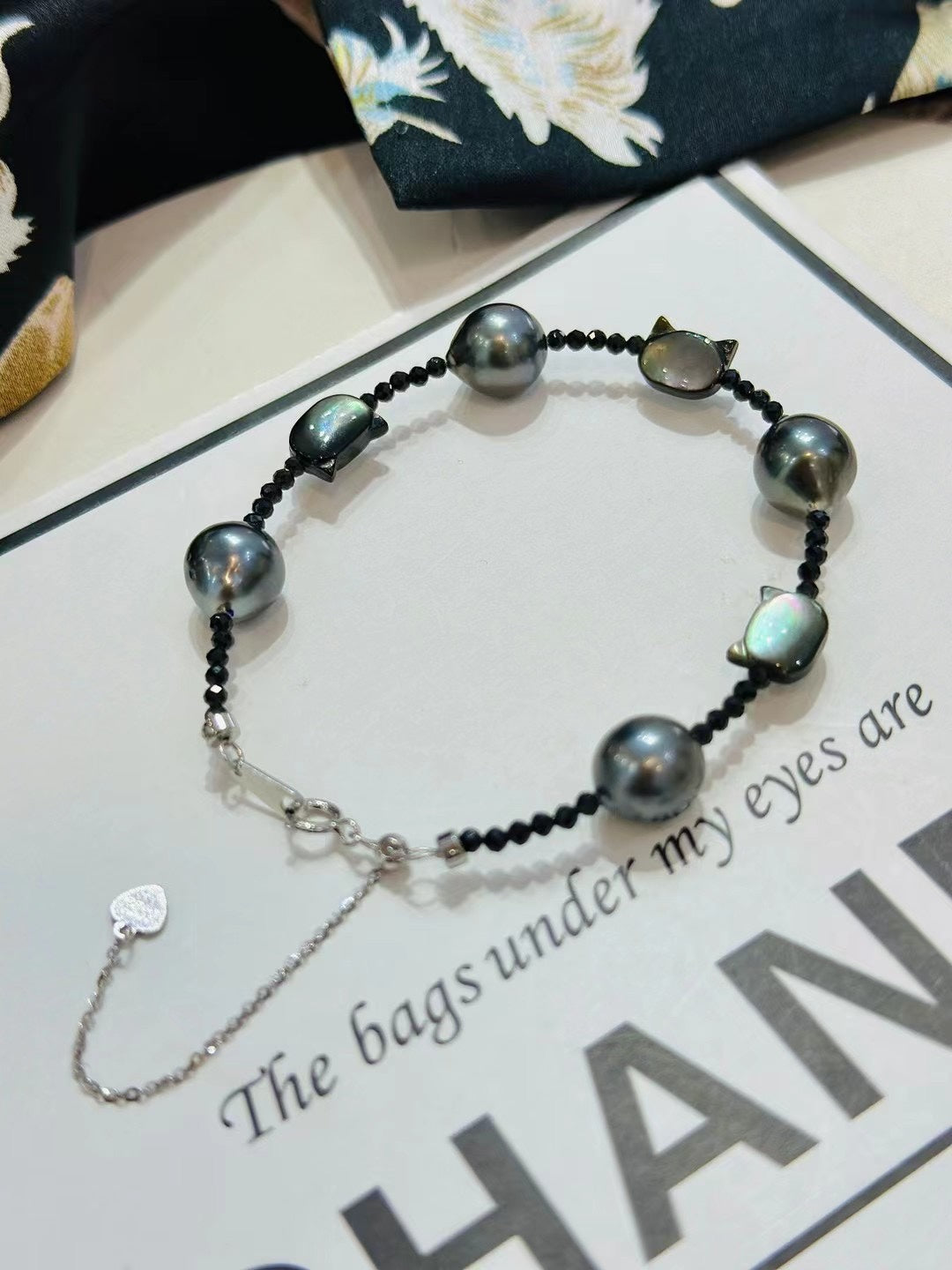 Tahitian Baroque Pearl Bracelet | 9–10mm · Mother-of-Pearl Cat Design · Black Spinel Accents