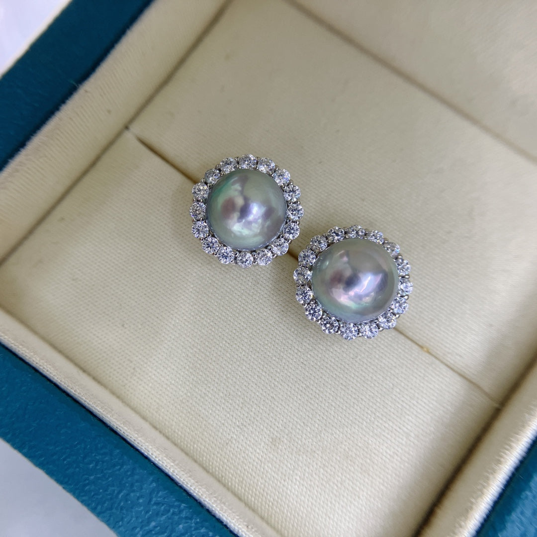 Sunflower Design Japanese Akoya Pearl Earrings | ~8mm · Near Round · Strong Luster · S925 Sterling Silver